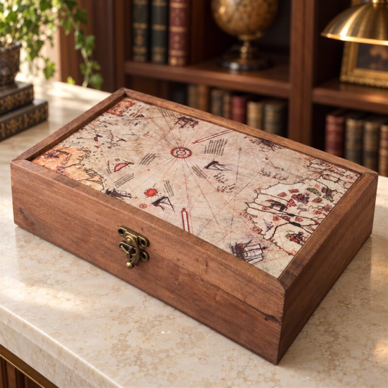 Map Patterned Wooden Box