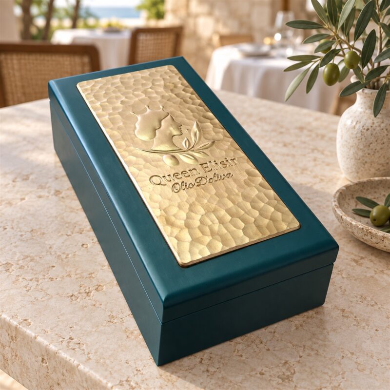Wooden Olive Oil Box with Metal Plate